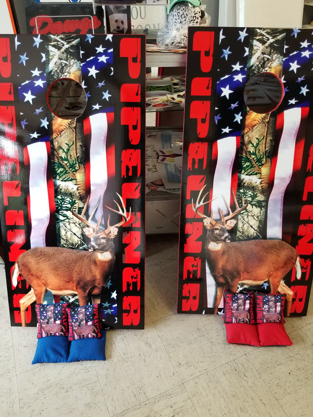 Pipeliner Deer American Flag Cornhole Skins America - Marcum Custom Graphics