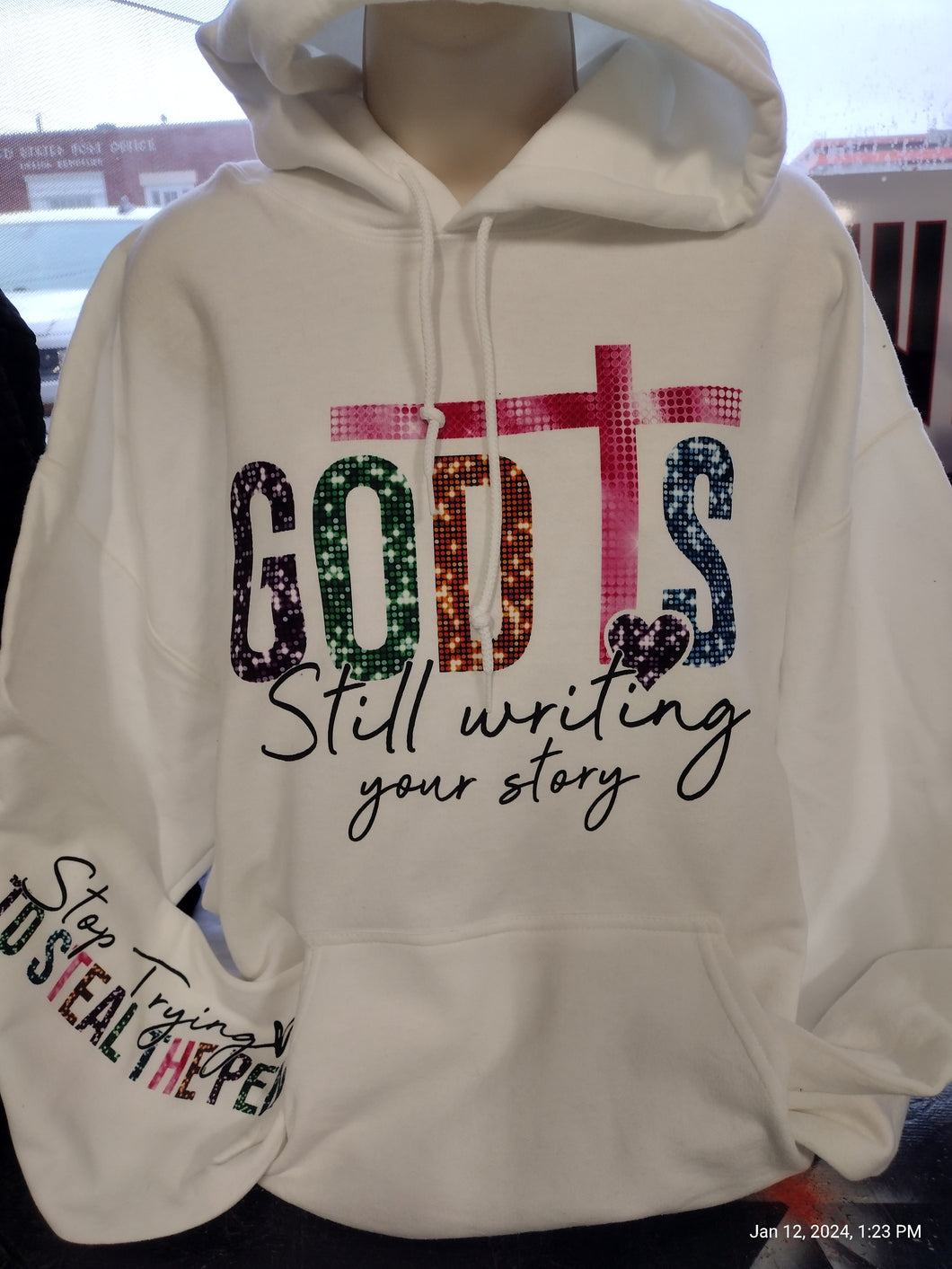 GOD IS STILL WRITING YOUR STORY sequin look hoodie - Marcum Custom Graphics
