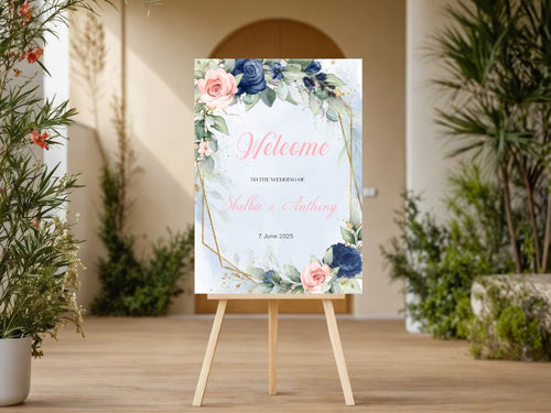 Navy Blue and Blush Pink Floral Welcome Wedding Sign - Marcum Custom Graphics