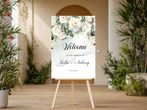 White Floral Welcome Wedding Sign - Marcum Custom Graphics