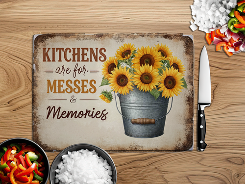 Sunflower Cooking Memories Glass Cutting Board - Marcum Custom Graphics
