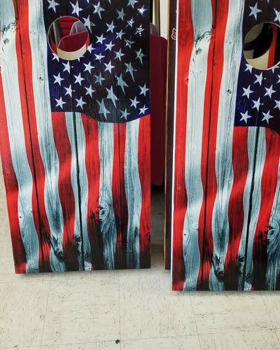 Grey wood American flag cornhole - Marcum Custom Graphics