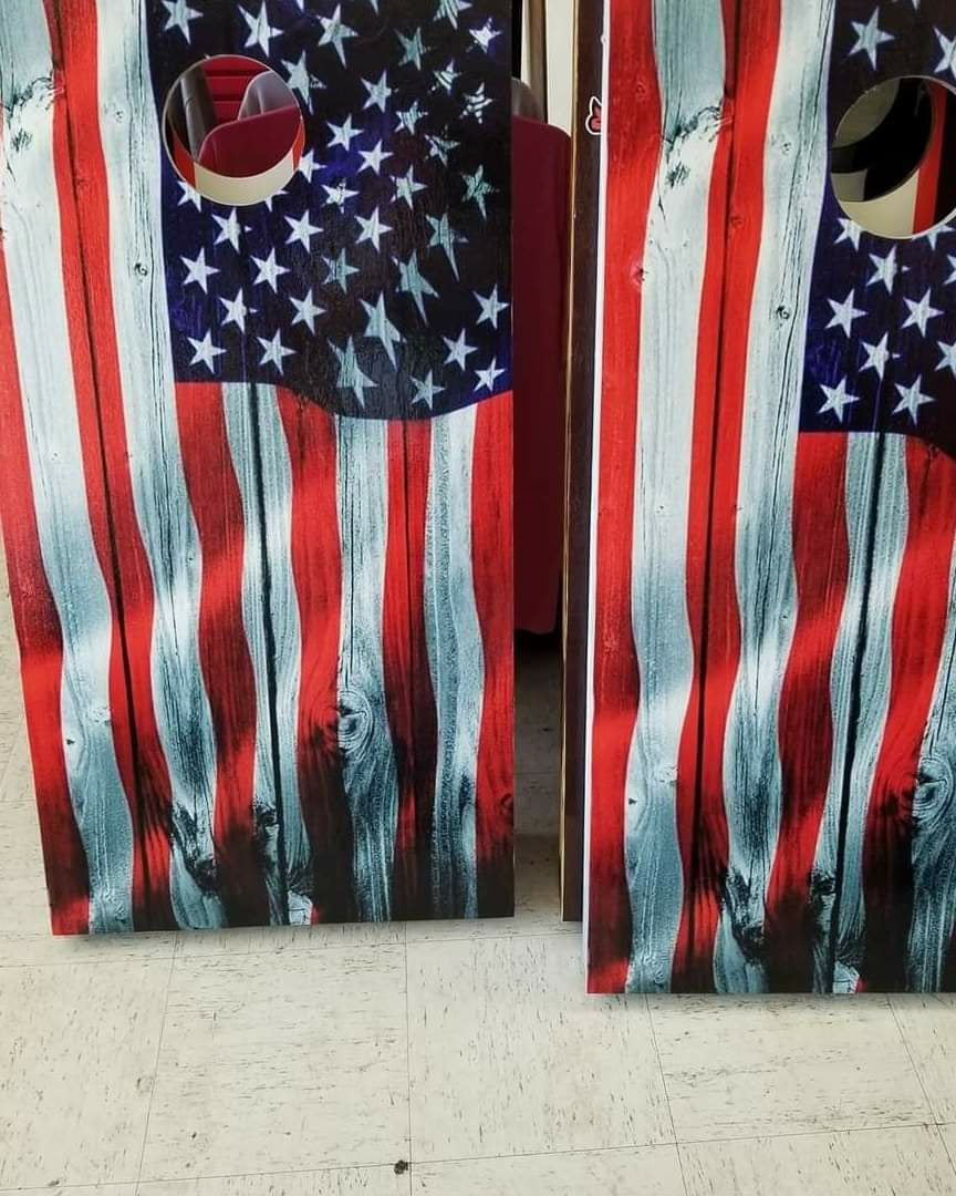 Grey wood American flag cornhole - Marcum Custom Graphics