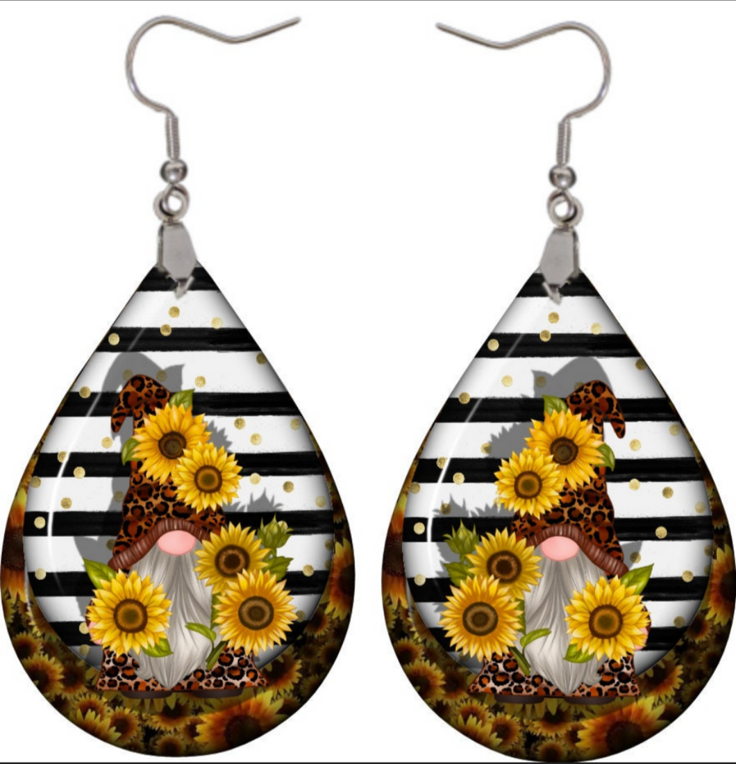 Sunflower Gnome teardrop earrings - Marcum Custom Graphics